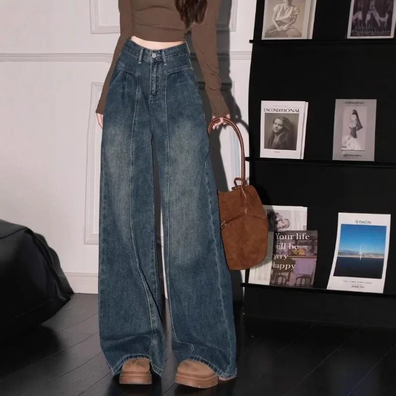 

New Large Size Women's Retro Jeans Autumn and Winter High Waist Denim Straight Pants Female Casual Denim Wide Leg Trousers 4XL