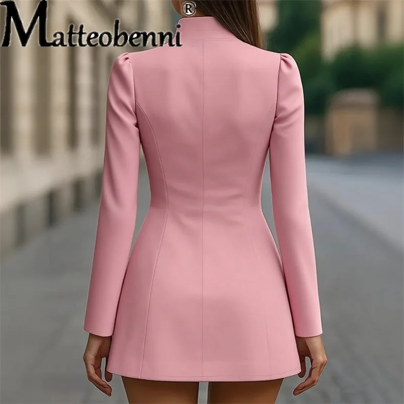 Blazer solidi da pendolare alla moda da donna Abito da ufficio monopetto in vita Abito da festa Elegante mini abito a maniche lunghe con colletto alla coreana