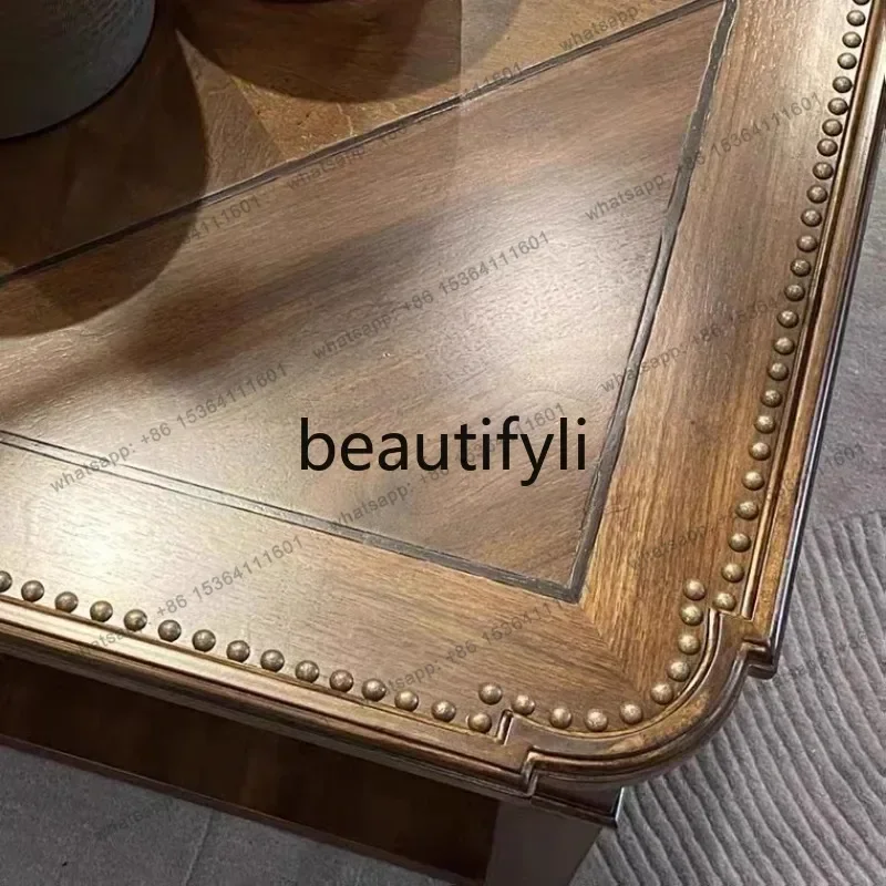 American solid wood retro coffee table square special-shaped Roman column engraving design rivet coffee table