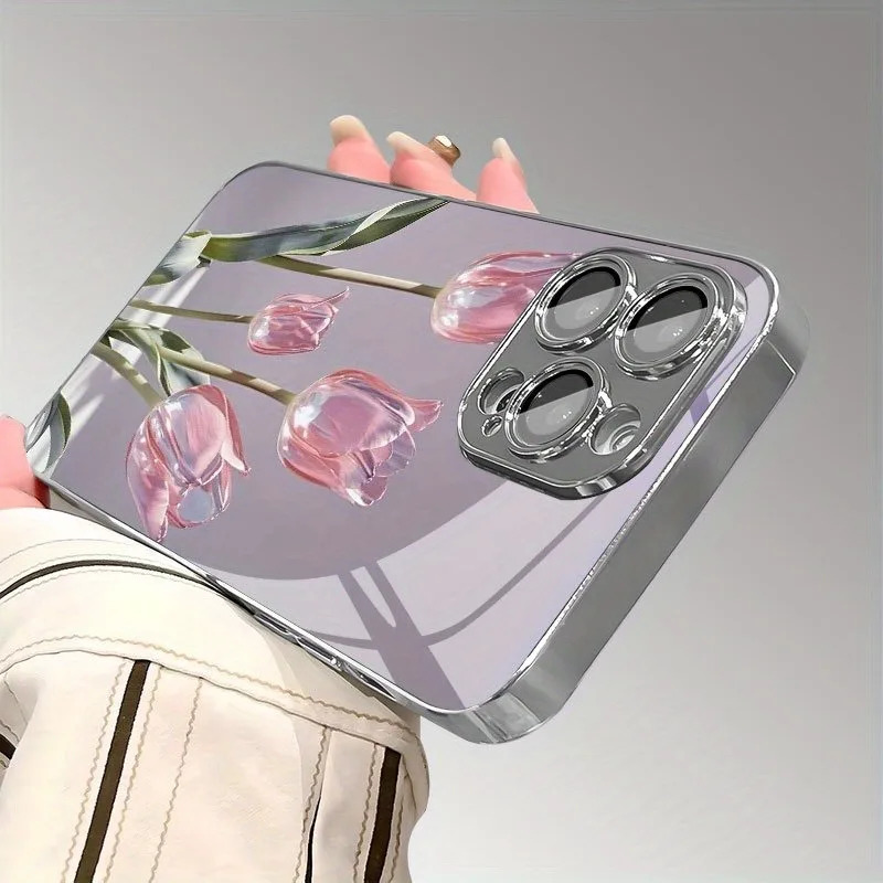 Pink Glass Tulip Pattern Glass Electroplated Phone Case For iPhone 17 16 15 14 13 12 11 Pro Max Plus 16E 17 Air Protective Cover - Image 2