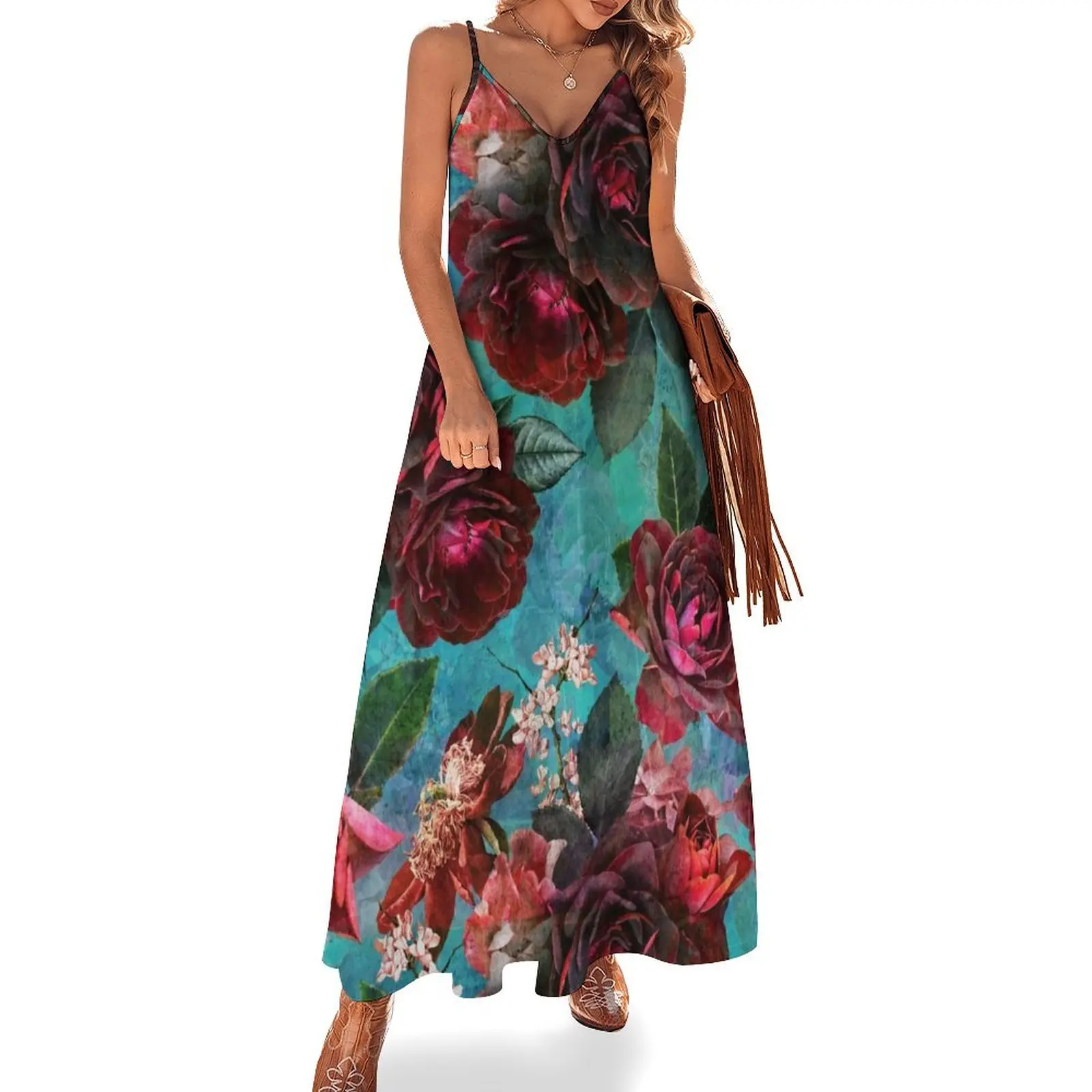 

Turquoise Vintage Summer Roses Botanical Garden Sleeveless Dress beach outfits for women Bride dresses