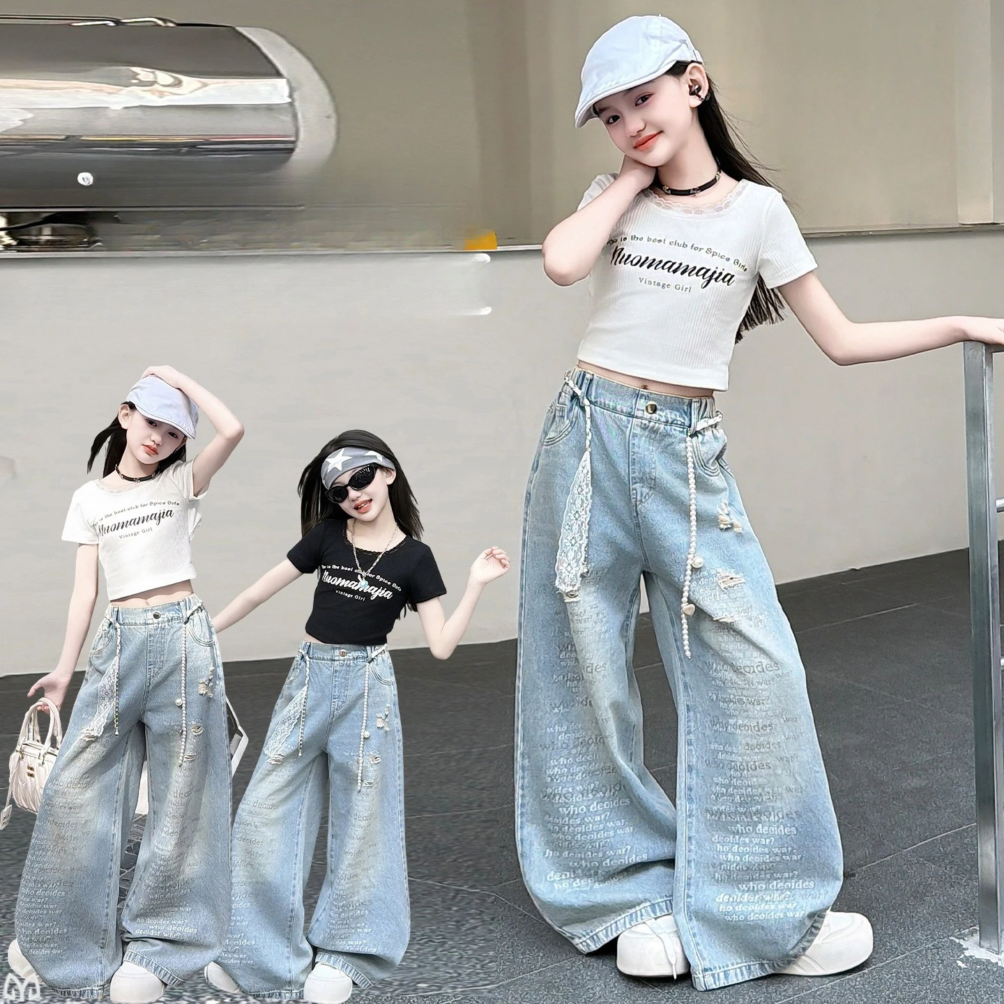 teen girls Hip hop jazz street dance clothes set Back hollow lace T-shirt Ripped letter wide leg jeans belt junior kids ourfits