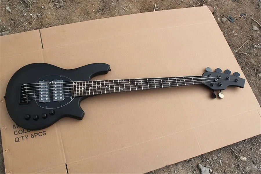 Flyoung 6 Strings Matte Black Electric Bass Guitar with Moon Inlays,Humbucker Pickups,Offer Customize