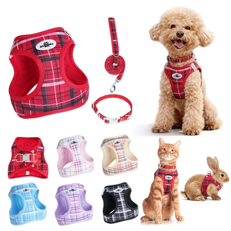 Harnais anti-traction pour chiot en nylon à carreaux, ensemble laisse et collier, sangle de poitrine réfléchissante pour animaux de compagnie, corde de traction pour chien pour Chihuahua