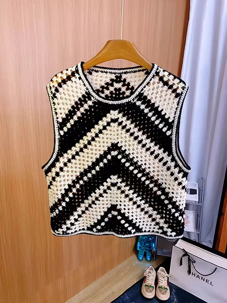 High Quality Colorblock Hollow Out Women Sweater Vests Summer Sleeveless Knitted Tanks Tops Pullover O Neck Casual Tees  C-314