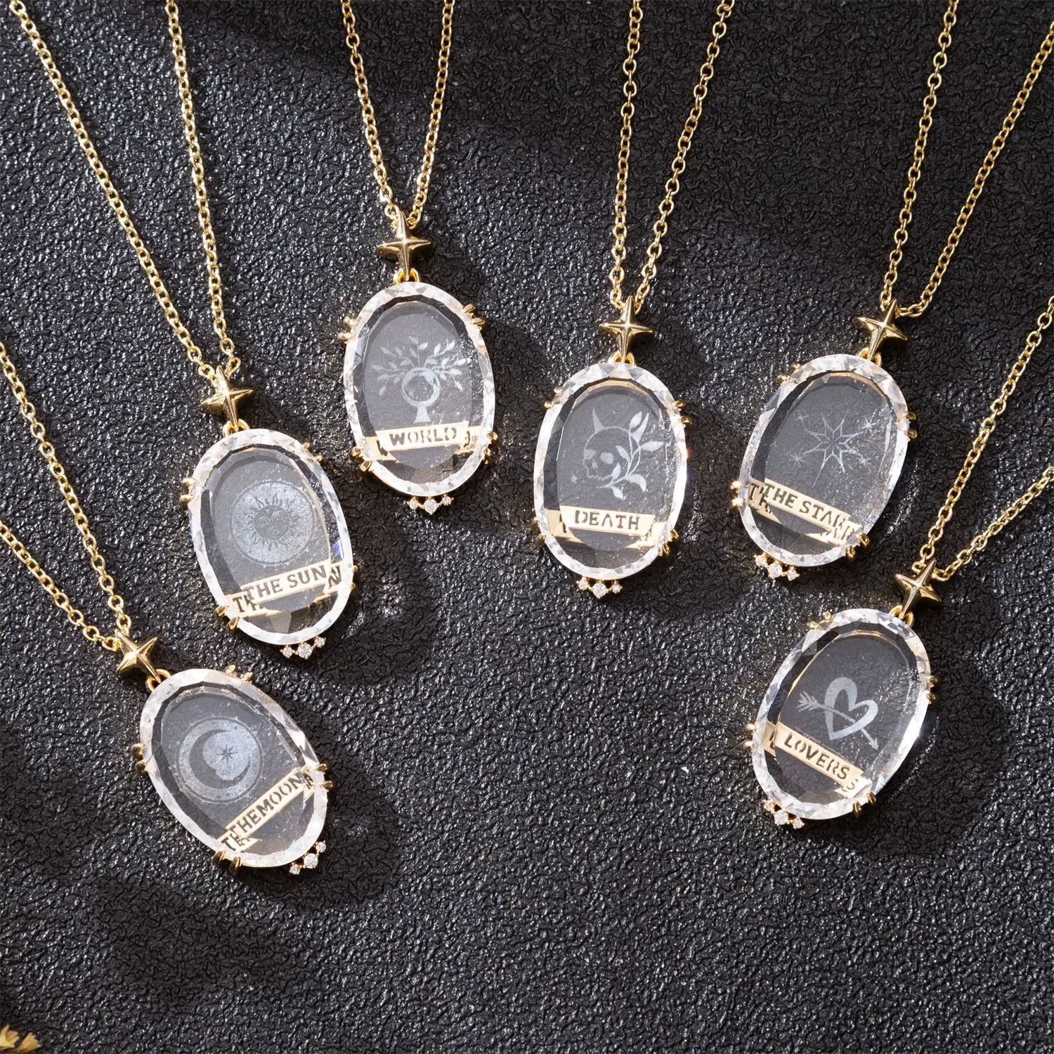 Crystal Tarot Card Necklace Transparent Pendant, Sun Moon Star Clavicle Chain Jewelry Gifts for Women Men