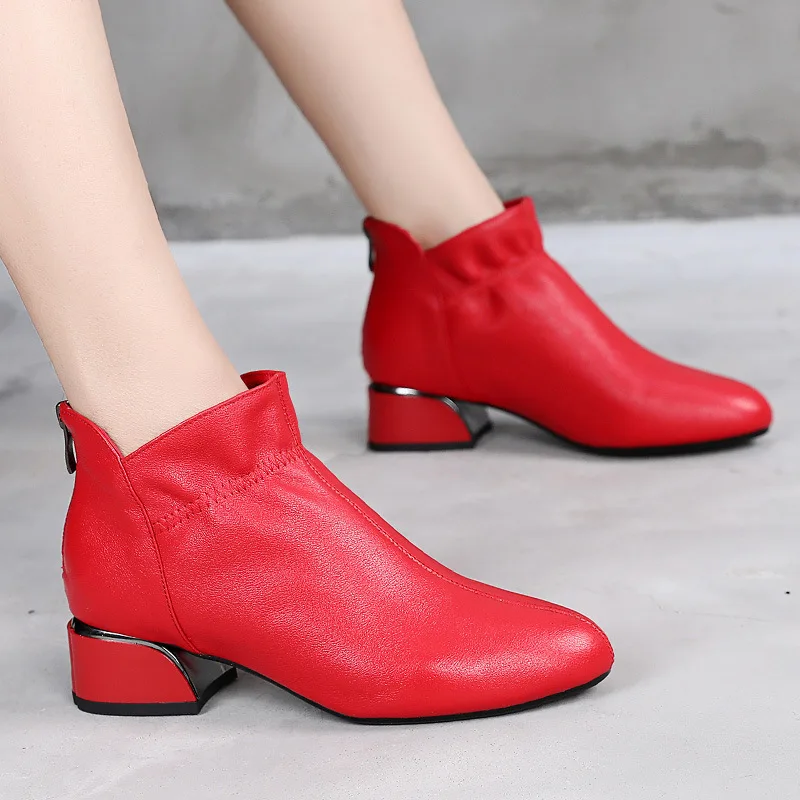 GKTINOO Fashion Genuine Leather Ankle Boots Women Thick Heels Zipper Pointed Toe Autumn Winter Woman Shoes Soft Sole Short Boots