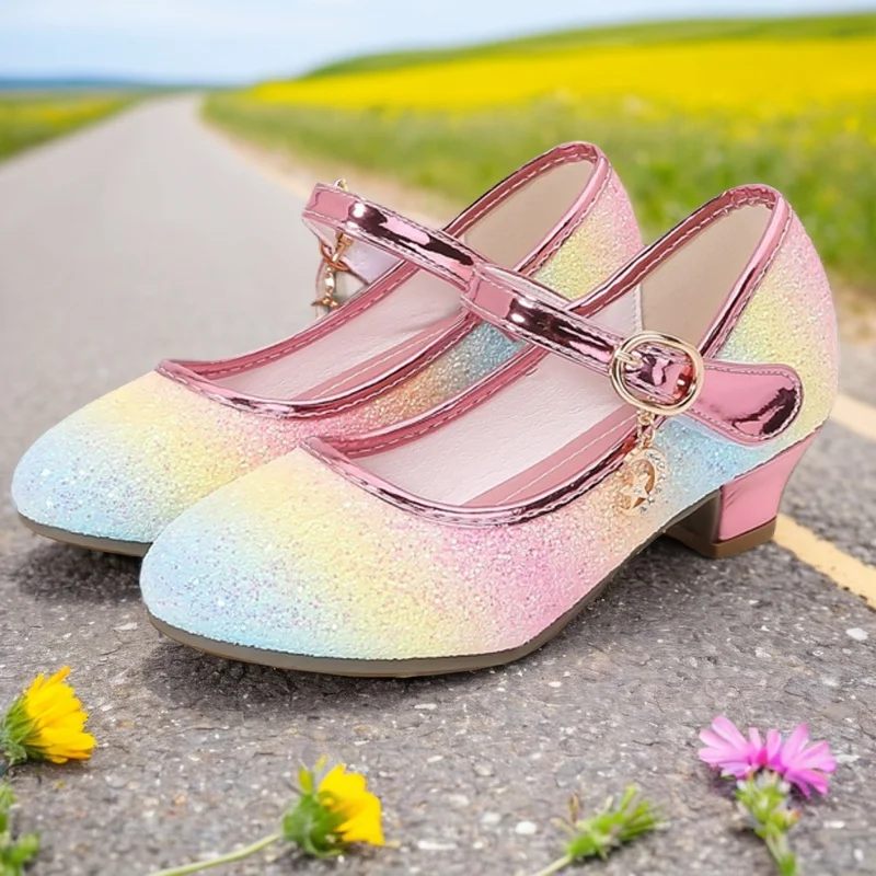 

Kids High Heel Shoes Girls Leather Shoes Flower Casual Pink Glitter Children 2025 Girls Shoes Butterfly Knot size 26-38