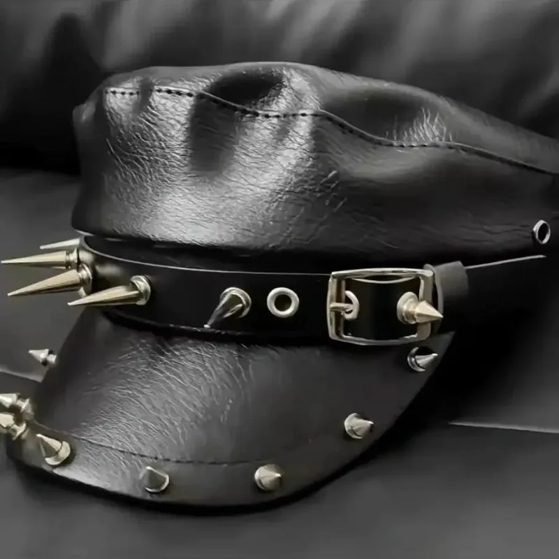 أزياء المرأة السوداء بولي Leather القبعات الجلدية Aht القوطية قبعة مسطحة خمر الخريف الشتاء إنجلترا شقة Y2k الفتيات الشرير نمط قبعات البيريه