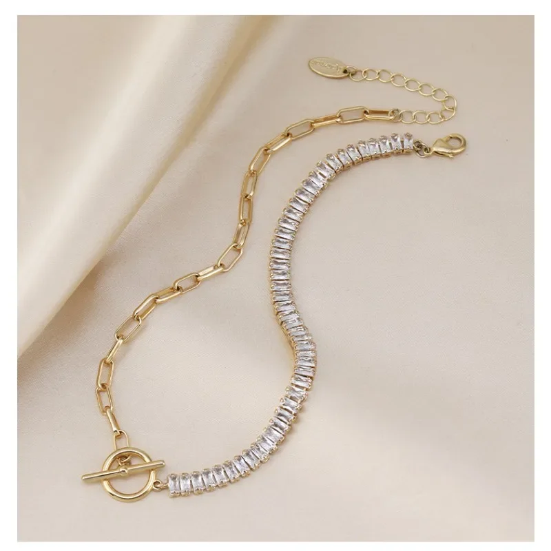 Colar curto feminino assimétrico de aço titânio zircão, colar estilo metal, corrente simples de clavícula