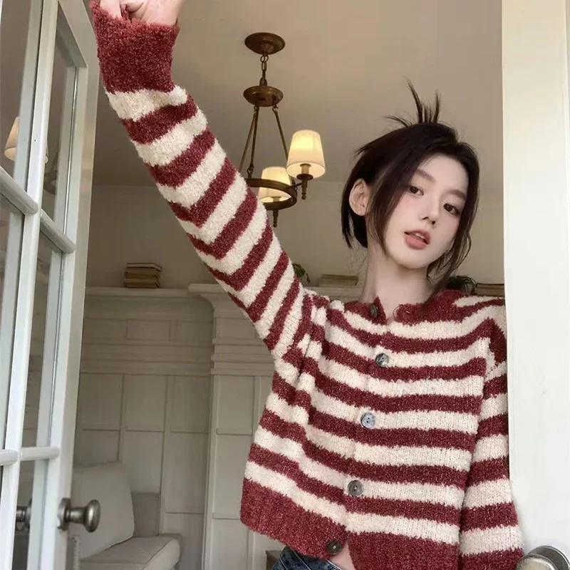 Autumn Casual Striped Cardigan Short Knitted Sweater Women Spring Long Sleeve Cardigan Top Female Round Knitted Sweater Jacket