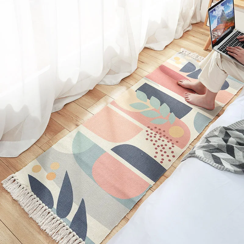 

Fashion Hand Woven Carpets Bedroom Bohemian Bedside Rugs Tassel Cotton Blanket Anti-skid Floor Door Mat Home Decorative Tapestry