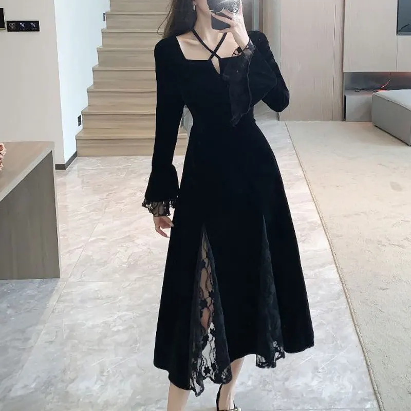 French Style Square Collar Halter Dresses Spring Autumn A-Line Stylish Patchwork Basic Female Clothing Aura Elegant Midi Dress
