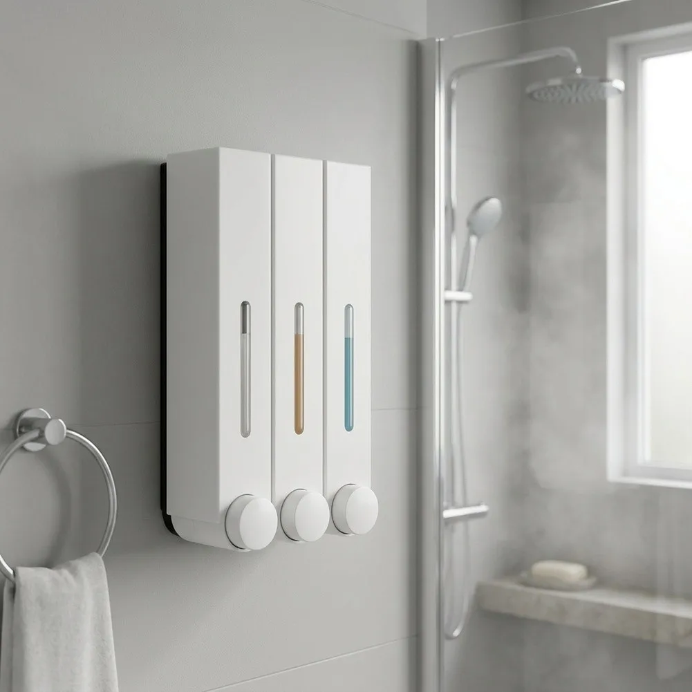 1260ml For Bathroom Soap Dispenser with Independent 3 Storage Compartments for Shampoo Conditioner Body Wash Manual Press Type