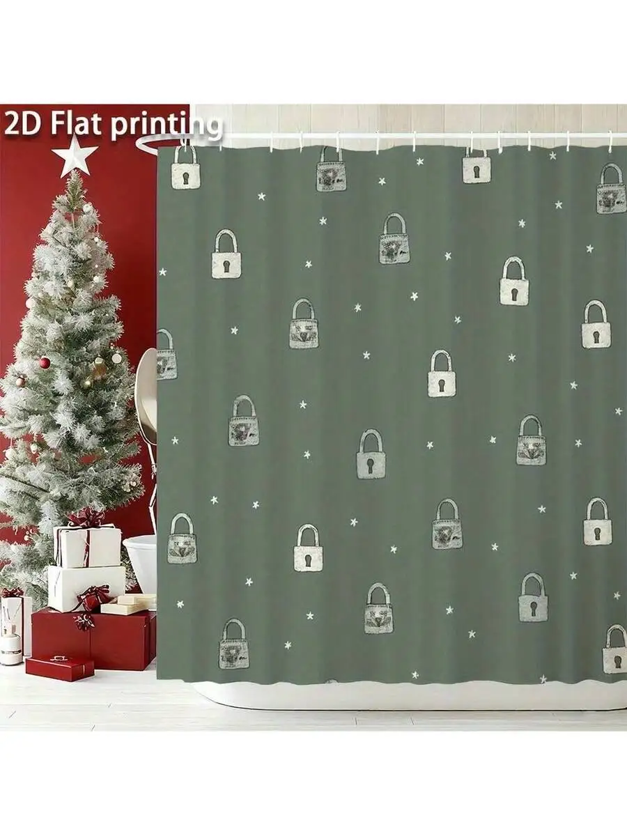 1pc Modern Green Lock Pattern Shower Curtain With Hooks - Soft Green Bathroom Window & Bathtub Curtain,  Large, Machine