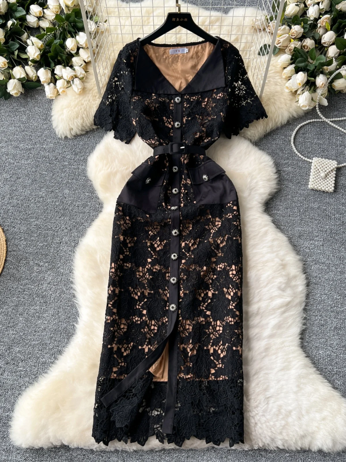 Ofallsis Lapel Short Sleeved Single Breasted Hook Flower Lace Dress 2024 Summer New High End  Light Luxury Mid Length Dresses