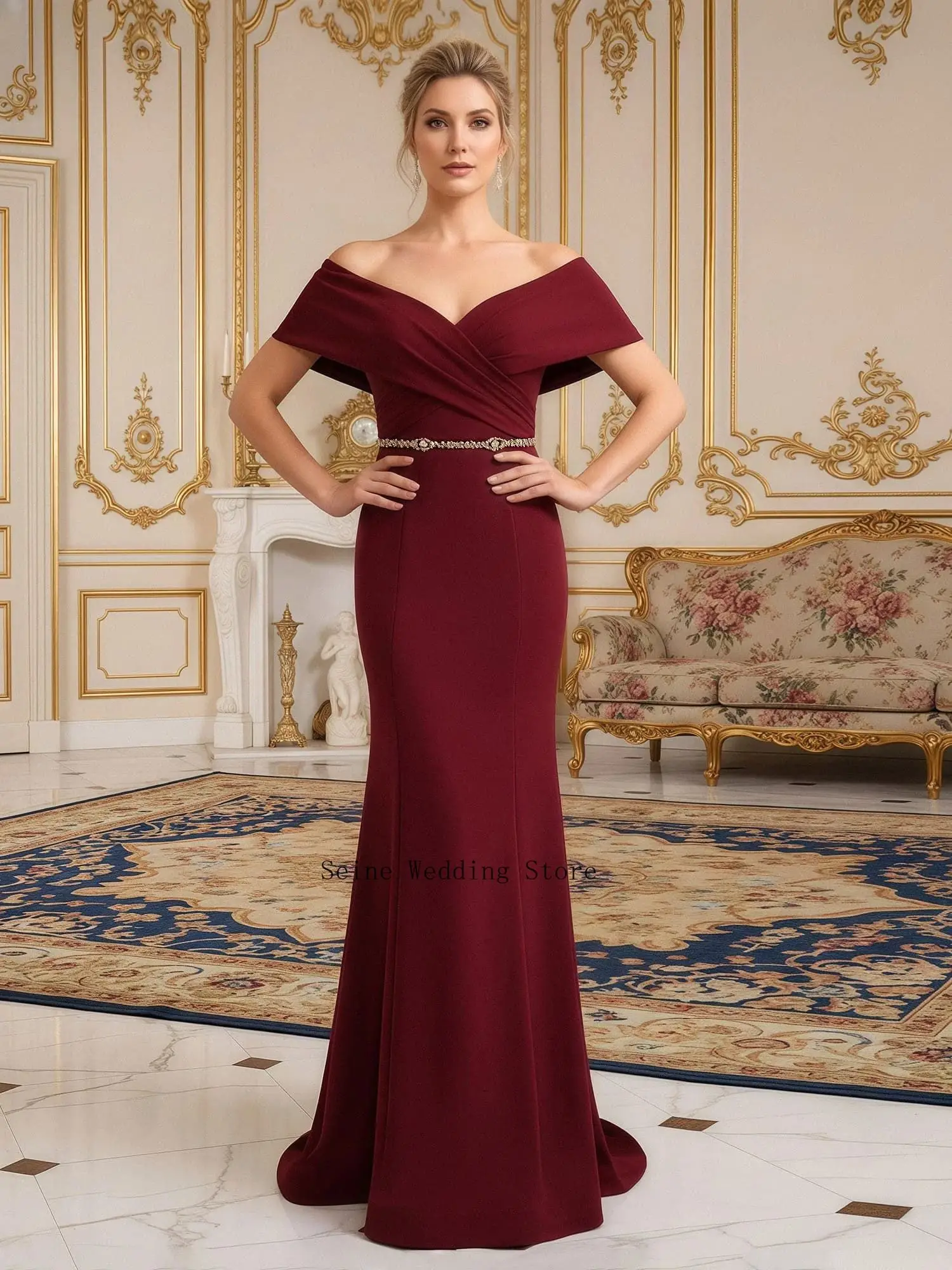 Burgundy Mermaid Crepe Mother of The Bride Dress Beaded Waistband Off Shoulder Short Sleeve Wedding Party Formal Occasion Gown