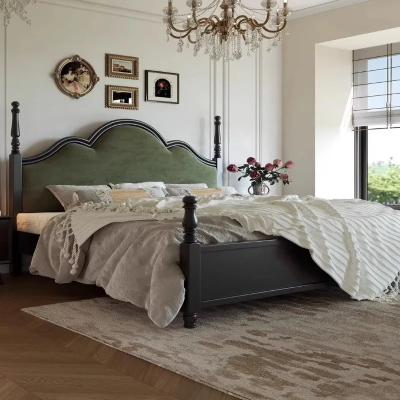 

Light luxury retro black 1.8 meters solid wood bed French antique green soft bag storage master bedroom princess bed