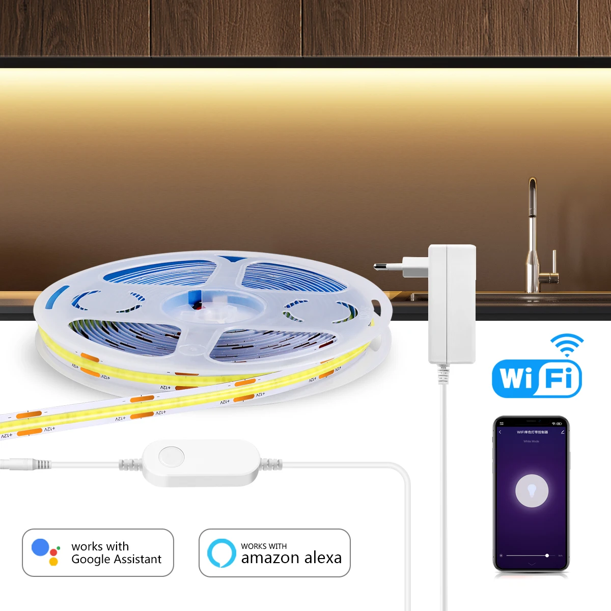 

Светодиодная лента WIFI Smart COB, управление через приложение, голосовой помощник Alexa/Google, регулируемая яркость, 1–10 м, 24 В, 2,4 ГГц, самоклеящаяся светодиодная лента