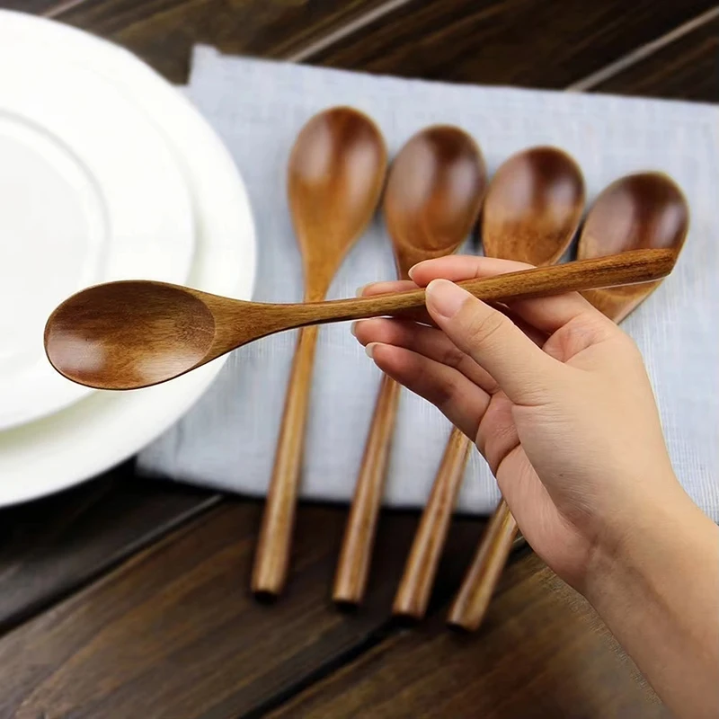 5 Pieces Wooden Spoon Natural Ellipse Wood Soup Spoon Kitchen Cooking Tableware Spoon Set Eco-Friendly Teaspoon for Coffee Honey