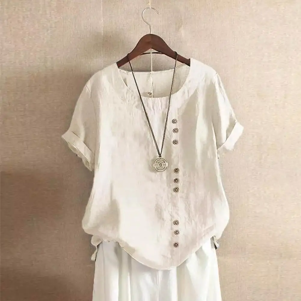 

Women Summer T-shirt Round Neck Short Sleeve Buttons Decor Tee Shirt Solid Color Loose Fit Pullover Tops Women Blouse 80%