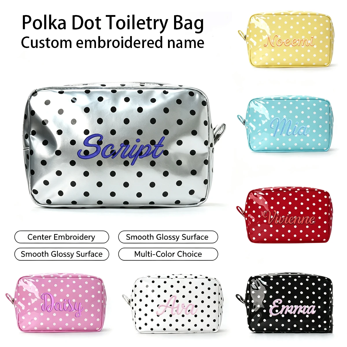 Customizable Name-Embroidered Polka Dot Toiletry Bag, Portable Travel Storage Bag, Stylish Storage Bag, Suitable for Birthday Gifts, Bridal Parties, Vacation Trips, Daily Storage, and Holiday Gifts