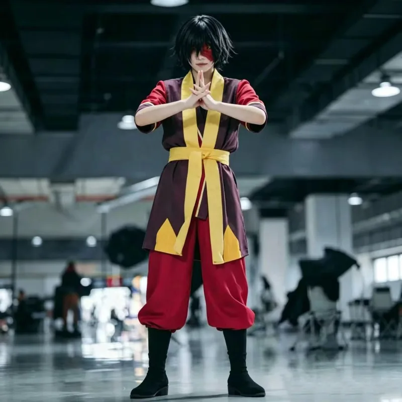 Zuko Cosplay Fire Nation Prince Costume Red Top Pants Vest Belt Suit Role Play Outfit for Men Halloween Party - view 2
