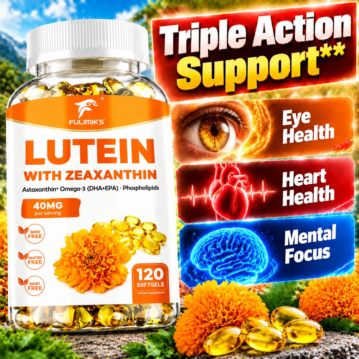 Lutein with Zeaxanthin Supplement with Astaxanthin, Support Eyes & Vision, Macula, Retina Health, Antioxidant, Tired for Workers