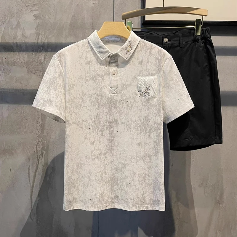 Streetwear Fashion Short Sleeve Mens Polo Shirts Vintage Patchwork Pocket Button Lapel Tops Men Trendy Florals Embroidery Polos