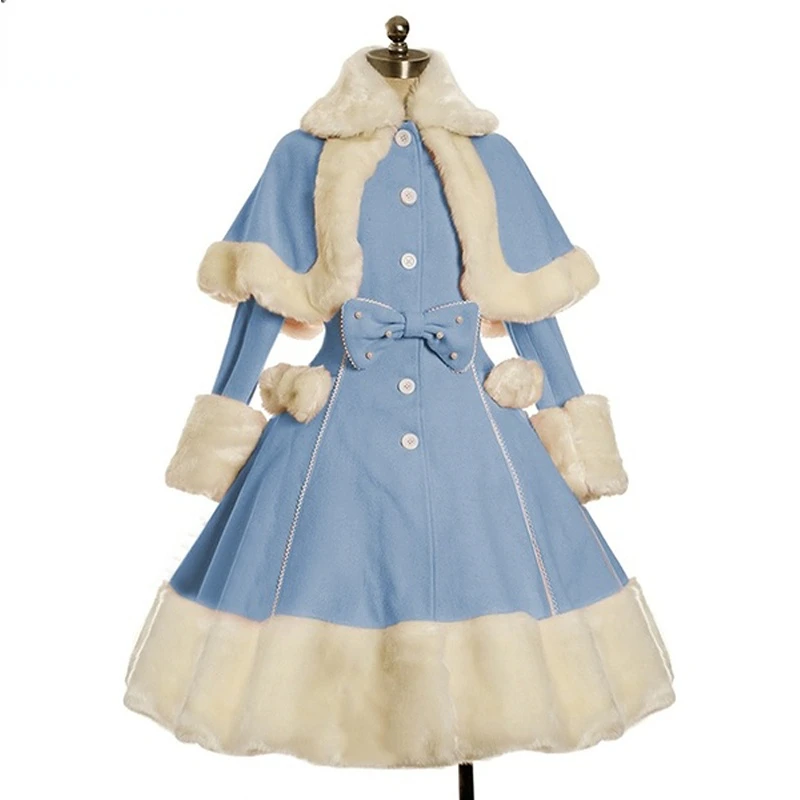 Donne Lolita autunno cappotto caldo collo di pelliccia Bowknot vestito giacca moda dolce principessa petto soprabito Costume di Halloween