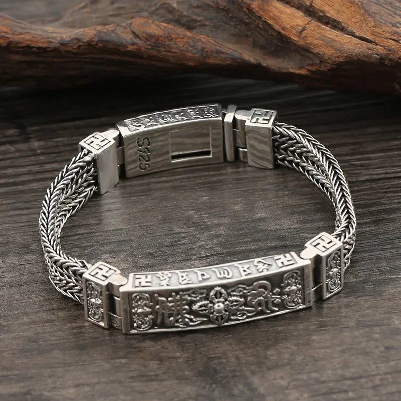 

S925 Sterling Silver Vintage Personalized Thai Silver Men's Bracelet Bat Diamond Pestle Six Character True Words Dominant Men's