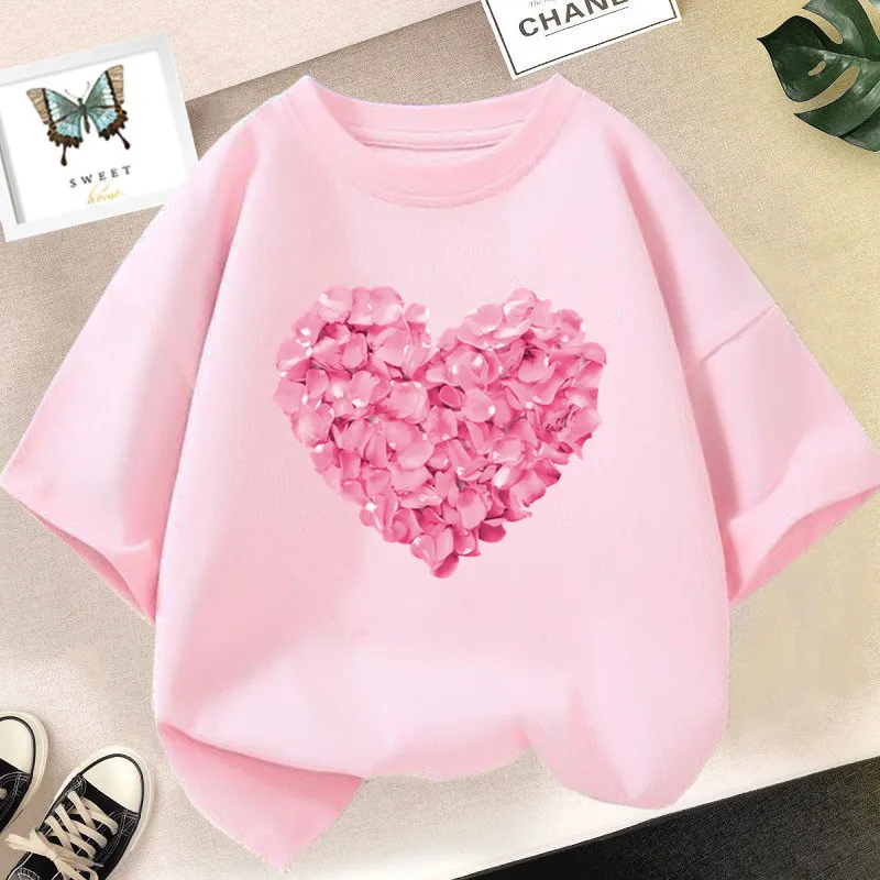 Pink Heart Flower Print Girls Tshirt Casual Cute T-Shirt Gift Yong Girl Fashion Floral Kids Summer Clothes