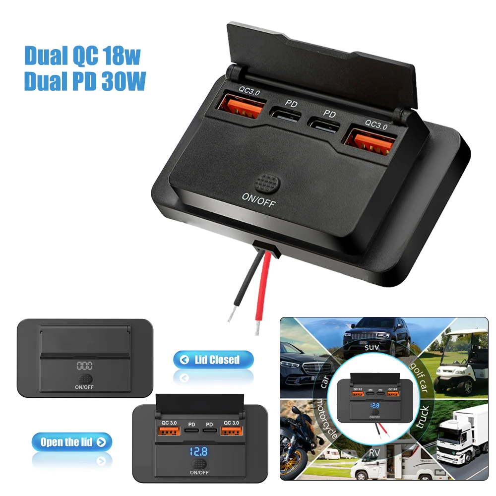 12V Rv Type C Usb Outlet with Power Switch 36W Qc3.0 Usb & 60W Pd Type C Quick Charge Socket Waterproof 12V 24V Car Charger