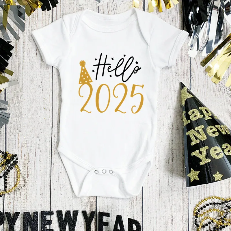 Hello 2025 Newborn Baby Bodysuit Cotton Short Sleeve Infant Rompers Body Baby Boys Girls New Year Ropa Clothes Christmas Gift