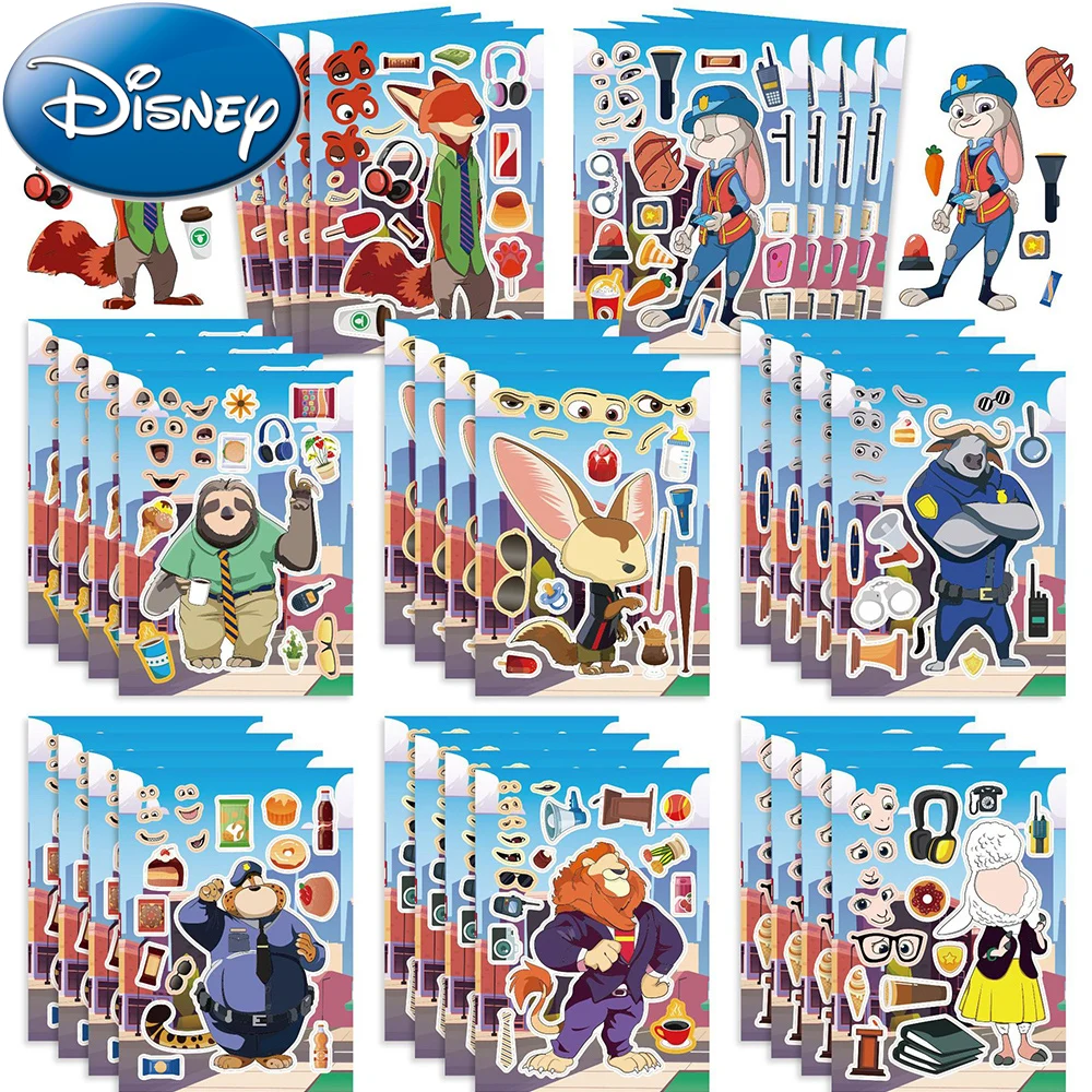 8/16sheets Disney Cartoon Zootopia Children Puzzle Stickers Make A Face Funny Kids Party Decoration Decals Assemble Jigsaw Toys