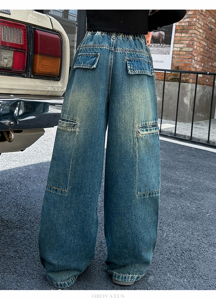 Hochwertige Kinder-Patchwork-Jeans mit Seitentaschen für Mädchen, Vintage Blaue Denim-Hose, Kinder-Cargo-Jeans mit Hoher Taille – Detail 7