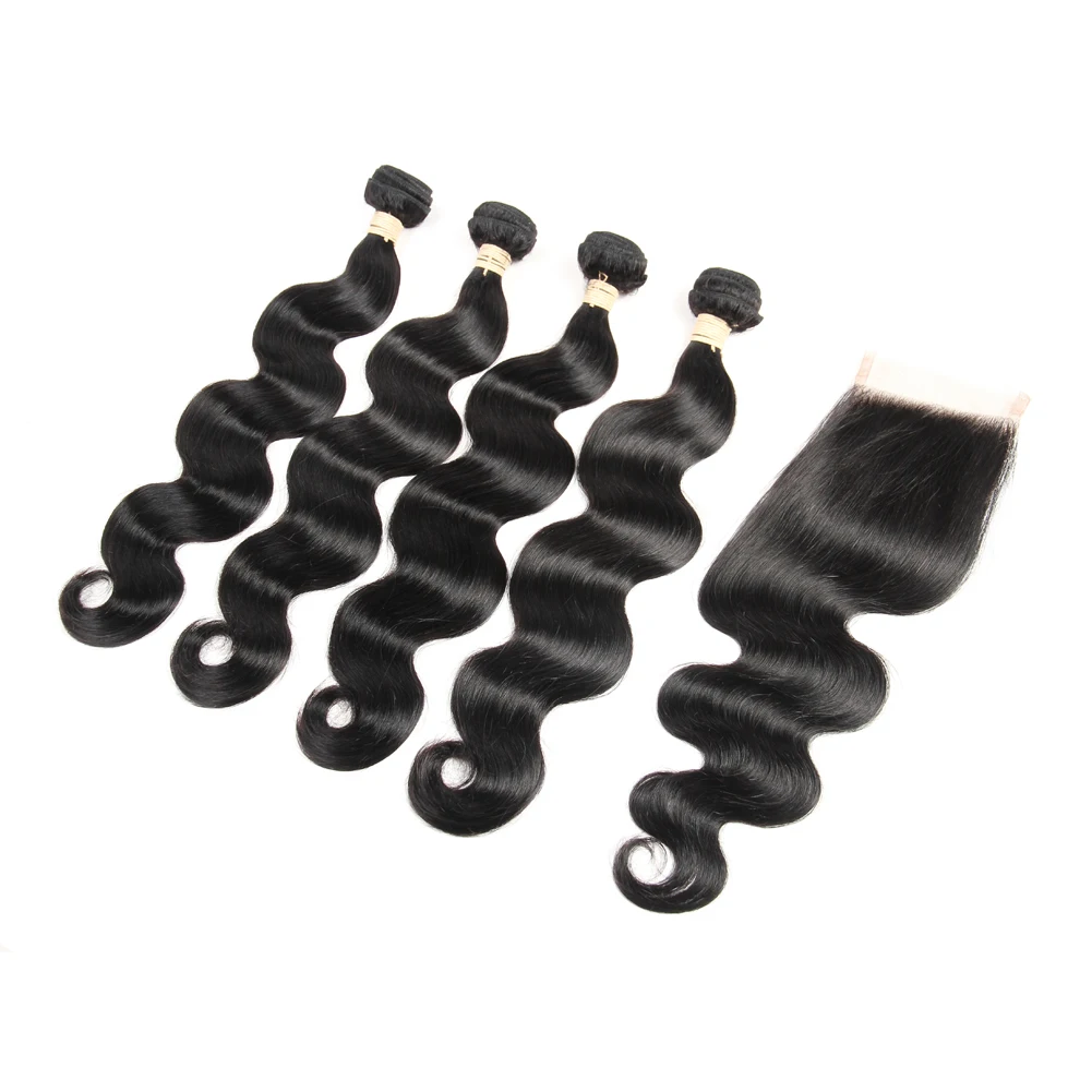 Human Hair Bundles With Closure 4X4 Closure 100% Human Hair Body Wave Natural Human Hair Extensions 150% Density Free Part 50g