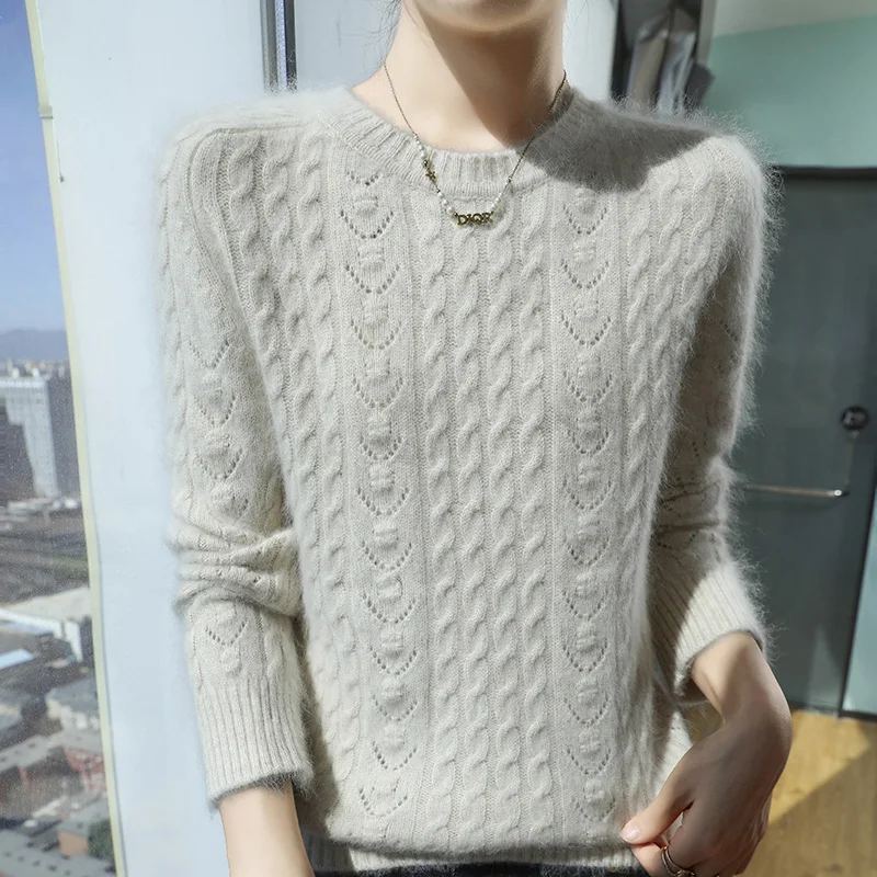 Maglione lavorato a maglia in cashmere di visone puro al 100% da donna girocollo pullover addensato cavo moda camicetta a maniche lunghe allentata di grandi dimensioni