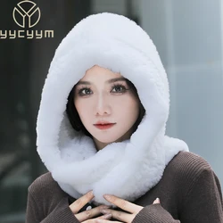 2026 Hot Sale New Women Real Knitted Rex Rabbit Fur Hat Hooded Scarf Long Winter Warm Fur Hat With Neck Collar Scarves Hat Scarf