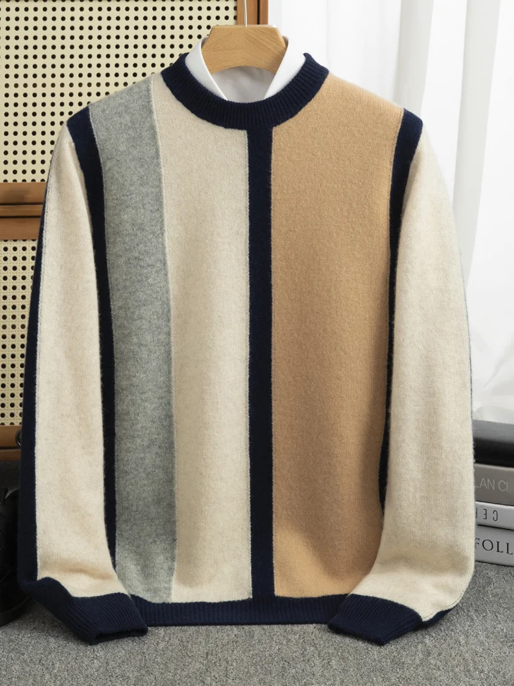 

100% Australian pure wool sweater men's crew neck sweater jacquard contrasting striped thickened knitted bottoming shirt