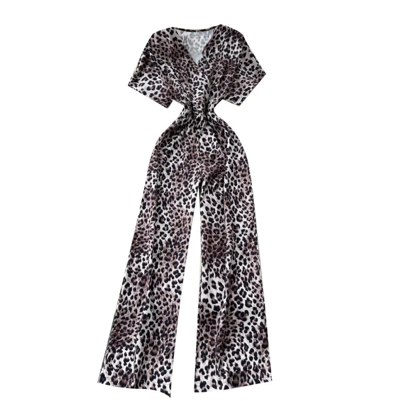 Verão casual playsuits para mulher impresso batwing manga calças de perna larga macacão leopardo vintage com decote em v novo em 2025 chique