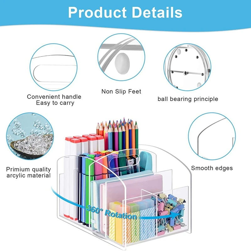 Acrylic 360 Rotating Desk Organizer Marker Pen Holder Multi-Functional Spinning Desktop Makeup Brush Storage Box