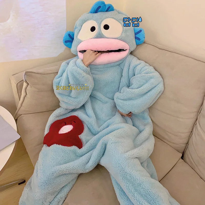 Hanton Ugly Fish Jumpsuit Women'S Coral Fleece Thickened Warm Autumn And Winter Cartoon Funny Couple Nightgown Long Women Robe