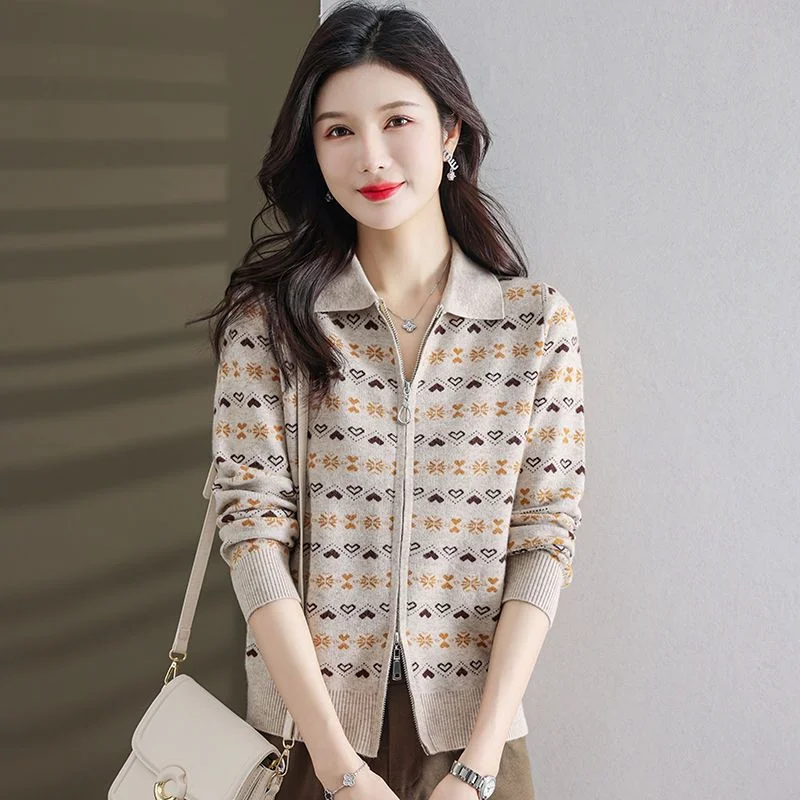 

Новый женский кашемировый кардиган, осенне-зимний повседневный свободный свитер на молнии с воротником, трикотаж, утепленная короткая верхняя одежда