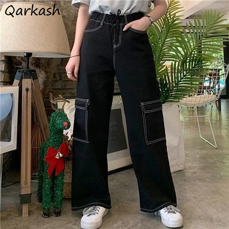 Jeans in vita elastica Donna Popolare più spesso caldo alla moda Street Baggy Pantaloni in denim a gamba larga Fidanzato Tasche estetiche Design Ins