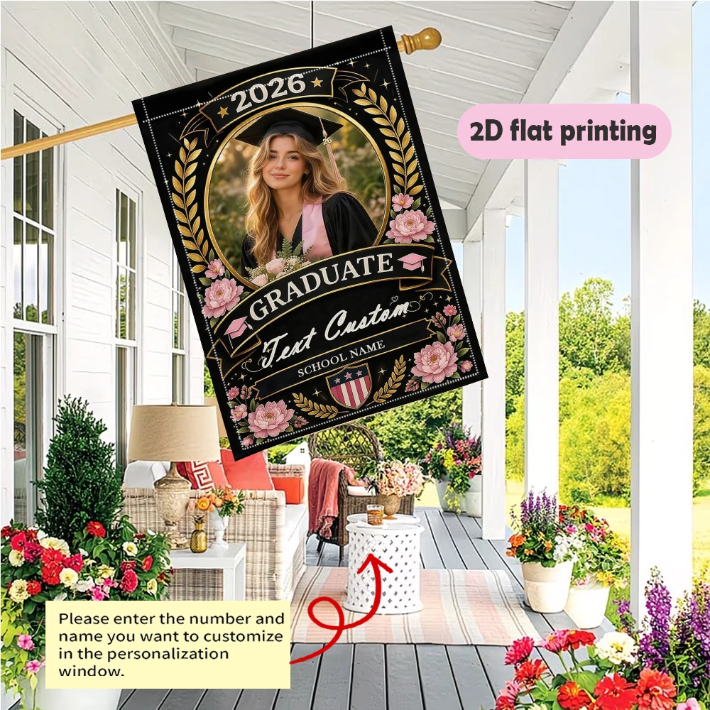 Garden flag custom Name Photo And School Name Black Gold Floral With Pink Peonies Durable decoration garden flag decoration