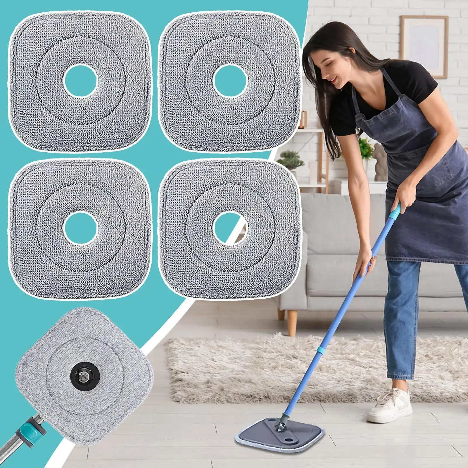 Almofadas de reposição para esfregão de microfibra, 4 peças/conjunto, refil de microfibra, escova quadrada para limpeza profunda a seco e úmido