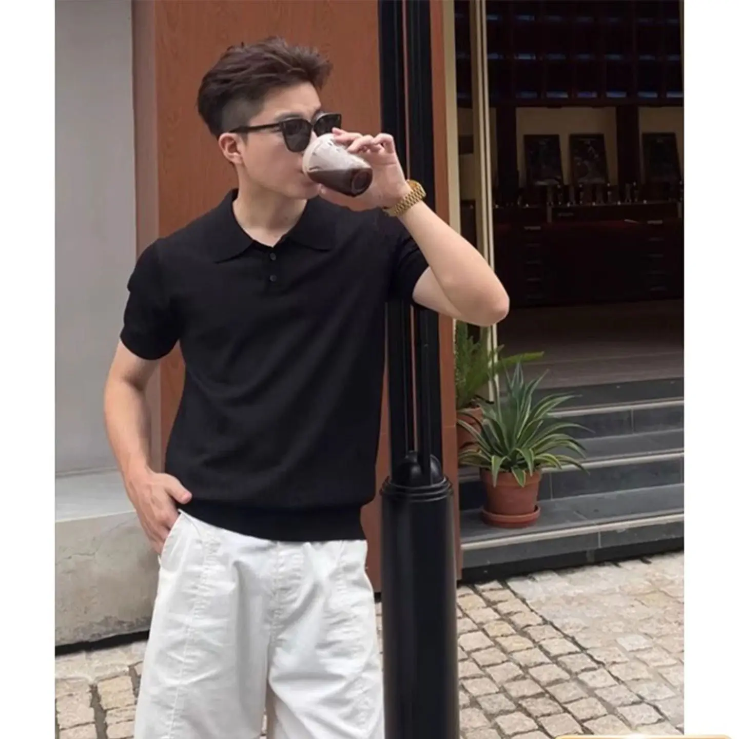 Summer New Style Men's Light-Weight Mature Style Checkered Stripes Open-Weave Knitted Polo Shirt