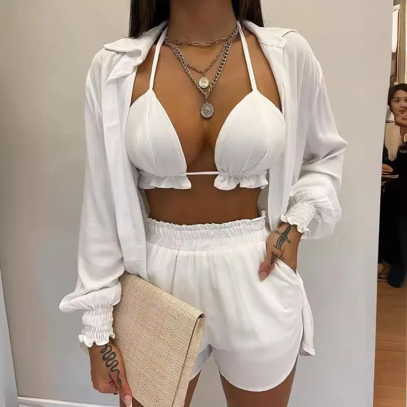 2024 Spring Summer New Women's Clothing Solid Color Sexy Shirt Shorts Two-Piece Set-Need Suspenders