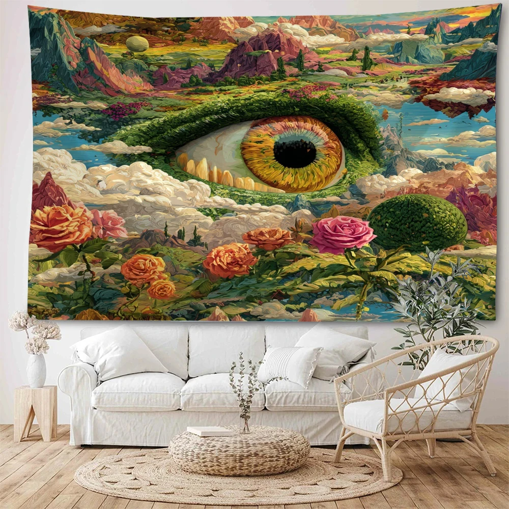 Landscape illustration under psychedelic eyes, decorative tapestry, artist's eyes, landscape decorative tapestry